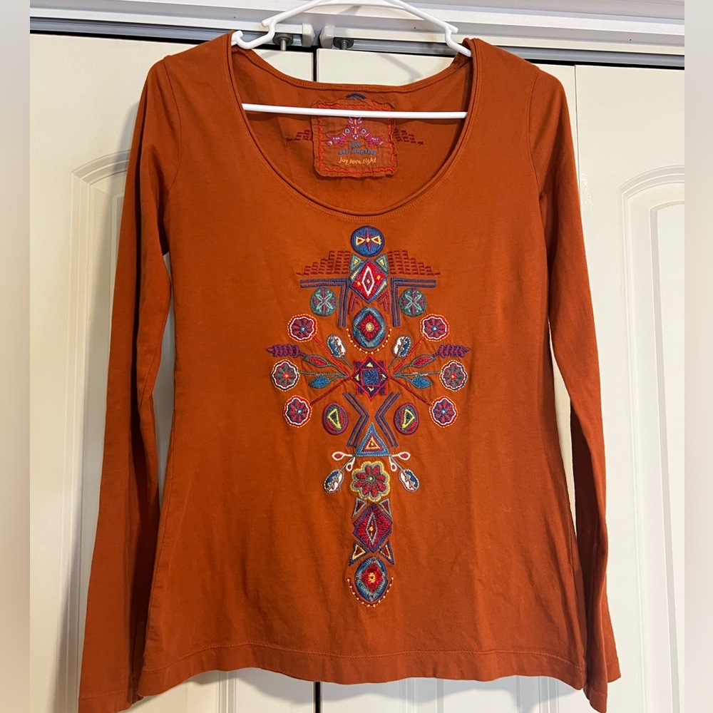Johnny Was Burnt Orange Embroidered Long Sleeve Shirt